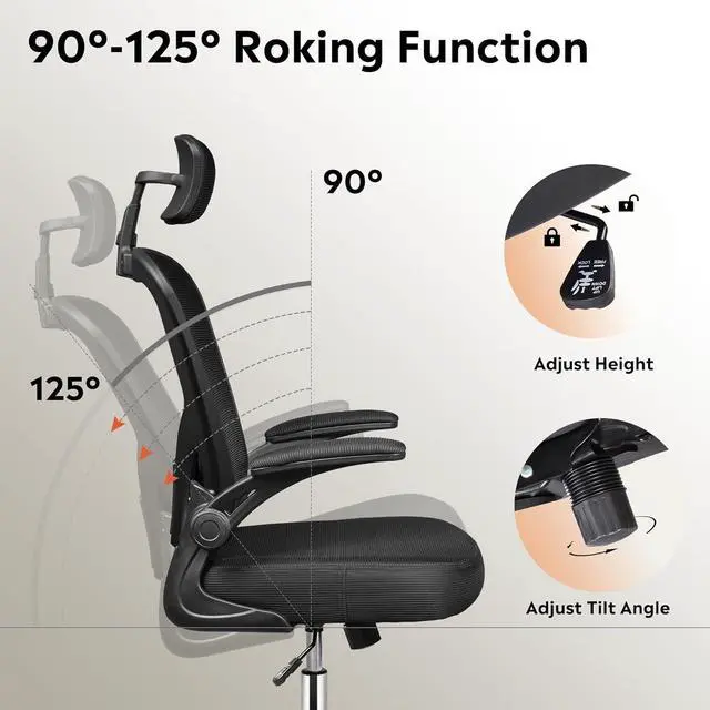 Alt view image 7 of 7 - DEVAISE Office Chair High Back Mesh Ergonomic Desk Chair with Flip-up Armrests, Adjustable Headrest and Lumbar Support, Black