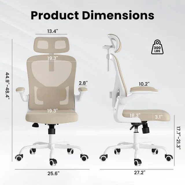 Alt view image 2 of 7 - Soohow Ergonomic Office Chair, Office Mesh Desk Chair with Adjustable Lumbar Support Armrests, Comfy Computer Desk Chair with Headrest, for Home and Office, White & Khaki
