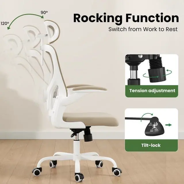 Alt view image 6 of 7 - Soohow Ergonomic Office Chair, Office Mesh Desk Chair with Adjustable Lumbar Support Armrests, Comfy Computer Desk Chair with Headrest, for Home and Office, White & Khaki