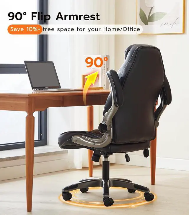 Alt view image 6 of 7 - Office Desk Chair, Ergonomic Computer Chair with Padded Flip-Up Arms and Adjustable Lumbar Support, PU Leather Executive Chair with Tilt Lock and 360° Swivel Rolling Wheels for Work, Study