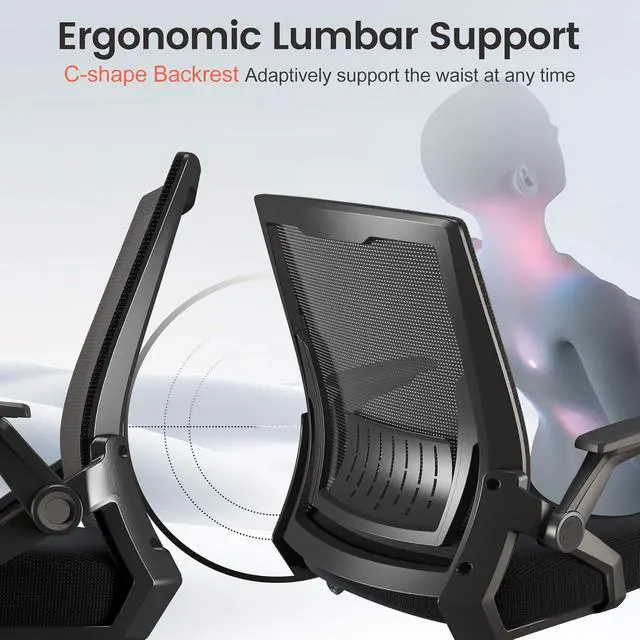 Alt view image 4 of 7 - GTRACING Ergonomic Office Chair with Flip-up Armrests Executive Computer Chair for Home Office, Breathable Mesh & Comfy Lumbar Support, Black