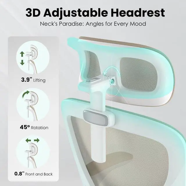 Alt view image 4 of 7 - Soohow Ergonomic Office Chair, Office Mesh Desk Chair with Adjustable Lumbar Support Armrests, Comfy Computer Desk Chair with Headrest, for Home and Office, White & Khaki