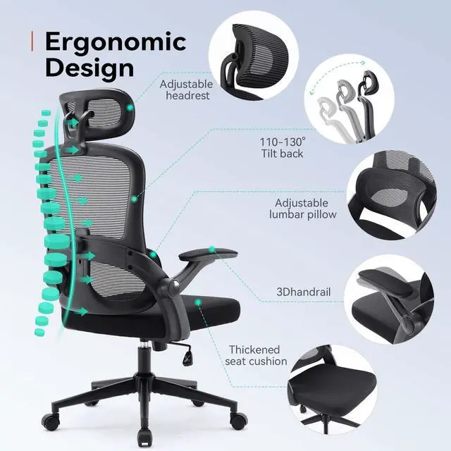 Alt view image 5 of 7 - SIHOO Ergonomic Office Chair, Adjustable Lumbar Support, 110-130° Tilt, 3D Armrests, Rolling Computer Desk Chair with Headrest Black
