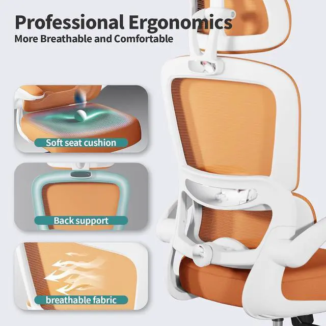 Alt view image 3 of 7 - TRALT Office Chair Ergonomic Desk Chair, 330 LBS Home Mesh Office Desk Chairs with Wheels, Comfortable Gaming Chair, High Back Office Chair for Long Hours (Orange)