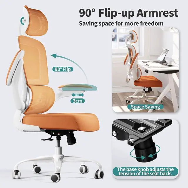 Alt view image 5 of 7 - TRALT Office Chair Ergonomic Desk Chair, 330 LBS Home Mesh Office Desk Chairs with Wheels, Comfortable Gaming Chair, High Back Office Chair for Long Hours (Orange)