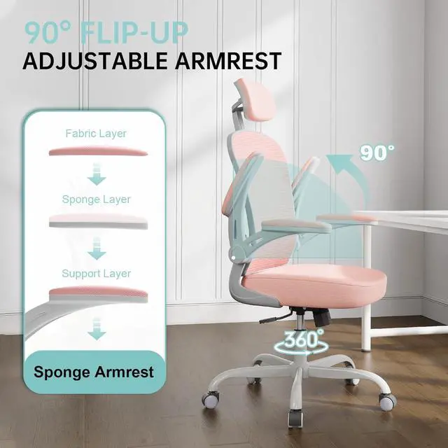 Alt view image 6 of 7 - Office Chair Ergonomic Desk Chair, 330LBS Capacity, High Back Computer Chair for Long Hours Comfortable, Rolling Swivel Executive Task Chair for Home Office with Flip-up Armrests(Grey Pink)