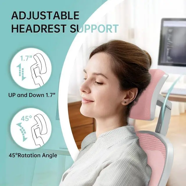 Alt view image 7 of 7 - Office Chair Ergonomic Desk Chair, 330LBS Capacity, High Back Computer Chair for Long Hours Comfortable, Rolling Swivel Executive Task Chair for Home Office with Flip-up Armrests(Grey Pink)