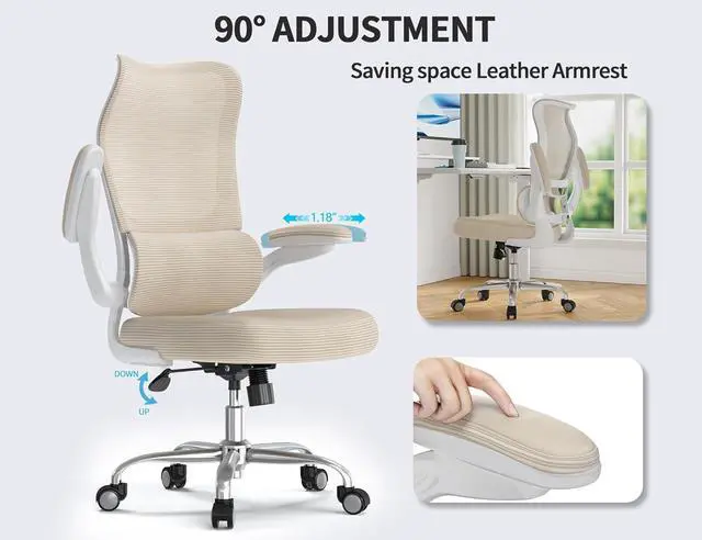 Alt view image 6 of 7 - TRALT Ergonomic Office Chair - Desk Chair with Wave High Back Adjustable Lumbar Support Computer Chair - Gaming Chairs Mesh Backrest and PU Leather Seat for Home Reading Chairs to Adults(Beige)