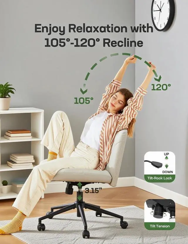 Alt view image 2 of 7 - Marsail Criss Cross Chair with Wheels, Wide PU Leather Armless Desk Chair, Swivel & Height Adjustable Cross Legged Office Chair for Makeup, Small Spaces, Bedroom, Vanity