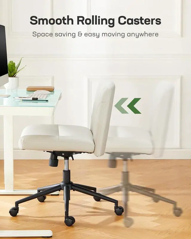 Alt view image 5 of 7 - Marsail Criss Cross Chair with Wheels, Wide PU Leather Armless Desk Chair, Swivel & Height Adjustable Cross Legged Office Chair for Makeup, Small Spaces, Bedroom, Vanity