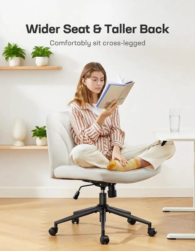 Alt view image 6 of 7 - Marsail Criss Cross Chair with Wheels, Wide PU Leather Armless Desk Chair, Swivel & Height Adjustable Cross Legged Office Chair for Makeup, Small Spaces, Bedroom, Vanity