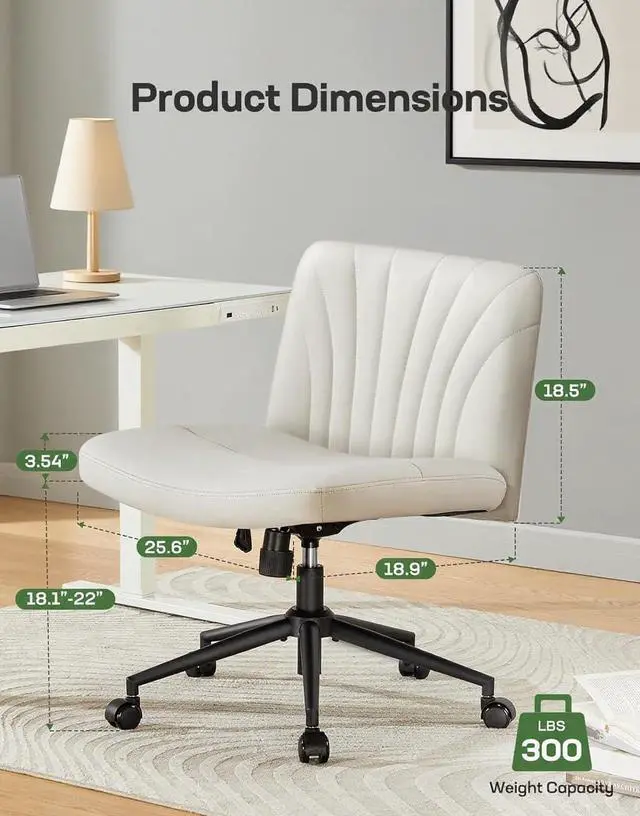 Alt view image 7 of 7 - Marsail Criss Cross Chair with Wheels, Wide PU Leather Armless Desk Chair, Swivel & Height Adjustable Cross Legged Office Chair for Makeup, Small Spaces, Bedroom, Vanity