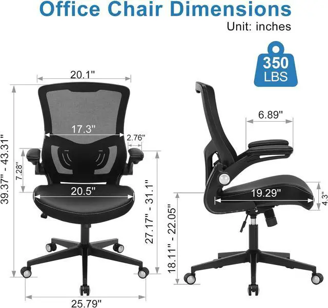 Alt view image 2 of 7 - Office Chair Ergonomic Desk Chair 350lbs Comfy Mesh Computer Chair with Adjustable Lumbar Support Flip-up Armrests, Executive Rolling Swivel Comfy Task Chair for Home Office