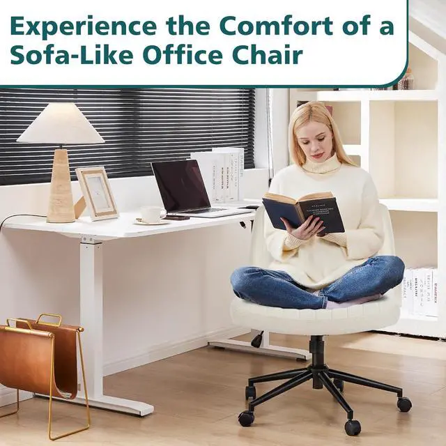 Alt view image 3 of 7 - OLIXIS Criss Cross Chair with Wheels Wide Cross Legged Office Desk Vanity Chair Comfy Fabric Armless Adjustable Swivel for Home Computer Task Fabric Beige