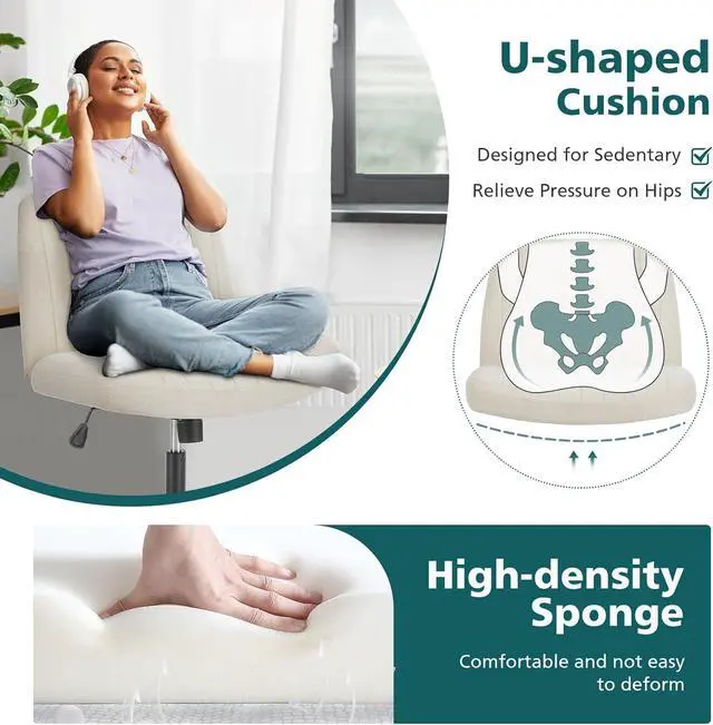 Alt view image 7 of 7 - OLIXIS Criss Cross Chair with Wheels Wide Cross Legged Office Desk Vanity Chair Comfy Fabric Armless Adjustable Swivel for Home Computer Task Fabric Beige