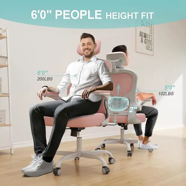 Alt view image 3 of 7 - Office Chair Ergonomic Desk Chair, 330LBS Capacity, High Back Computer Chair for Long Hours Comfortable, Rolling Swivel Executive Task Chair for Home Office with Flip-up Armrests(Grey Pink)
