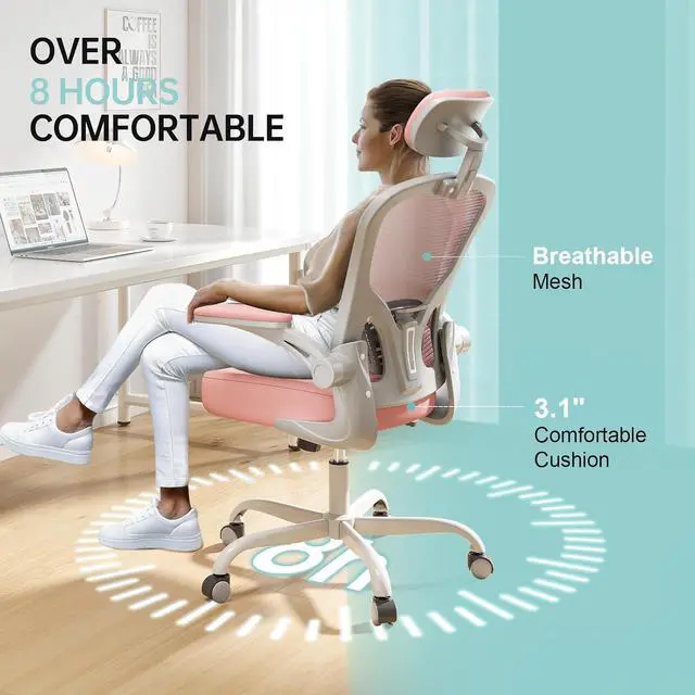Alt view image 4 of 7 - Office Chair Ergonomic Desk Chair, 330LBS Capacity, High Back Computer Chair for Long Hours Comfortable, Rolling Swivel Executive Task Chair for Home Office with Flip-up Armrests(Grey Pink)