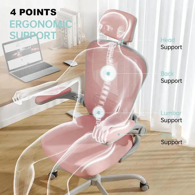Alt view image 5 of 7 - Office Chair Ergonomic Desk Chair, 330LBS Capacity, High Back Computer Chair for Long Hours Comfortable, Rolling Swivel Executive Task Chair for Home Office with Flip-up Armrests(Grey Pink)