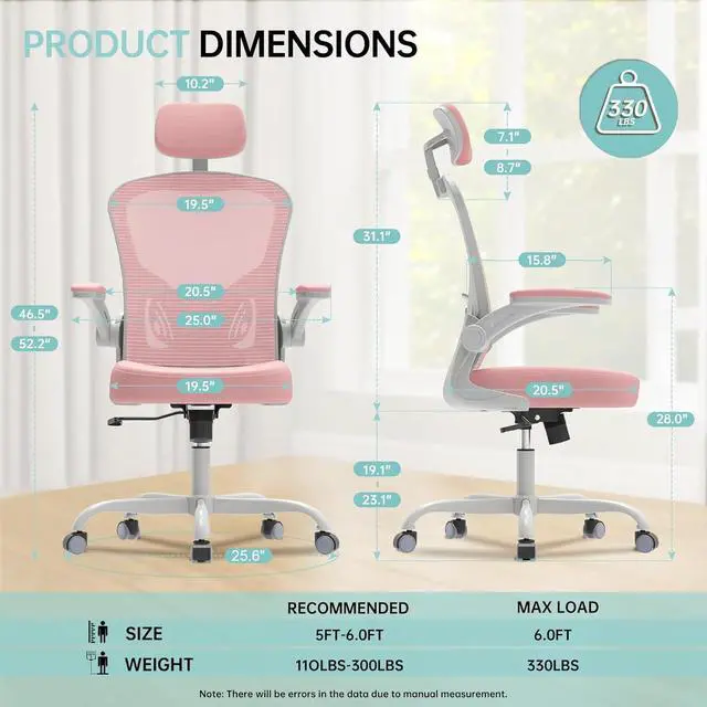 Alt view image 2 of 7 - Office Chair Ergonomic Desk Chair, 330LBS Capacity, High Back Computer Chair for Long Hours Comfortable, Rolling Swivel Executive Task Chair for Home Office with Flip-up Armrests(Grey Pink)