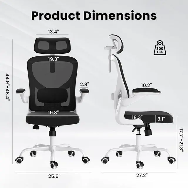 Alt view image 2 of 7 - Soohow Ergonomic Office Chair, Office Mesh Desk Chair with Adjustable Lumbar Support Armrests, Comfy Computer Desk Chair with Headrest, for Home and Office, White & Black