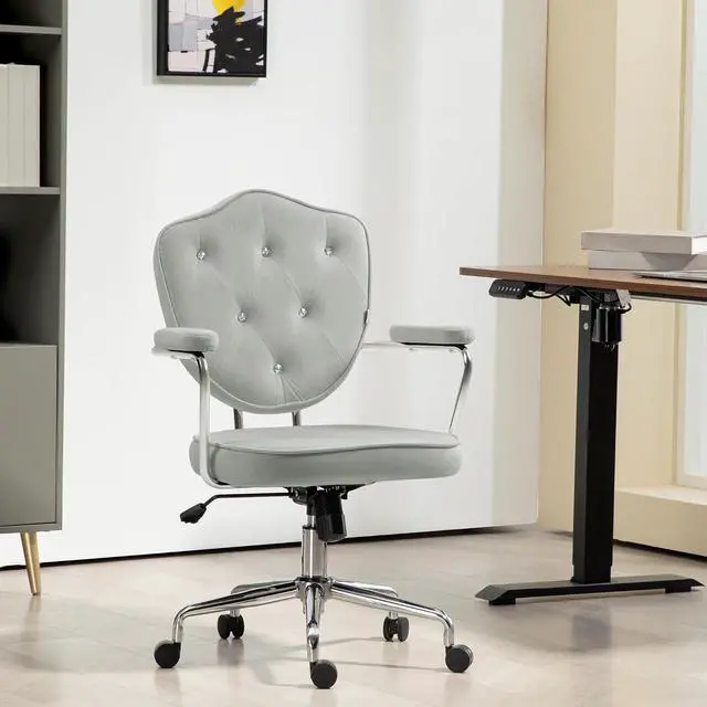 Alt view image 2 of 7 - HOMCOM Cute Home Office Chair, Computer Desk Chair with Button Tufted Velvet-Feel Fabric, Swivel Vanity Chair, Gray