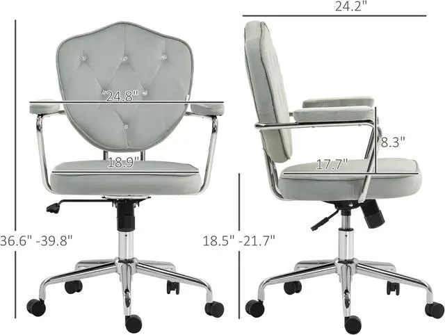 Alt view image 3 of 7 - HOMCOM Cute Home Office Chair, Computer Desk Chair with Button Tufted Velvet-Feel Fabric, Swivel Vanity Chair, Gray