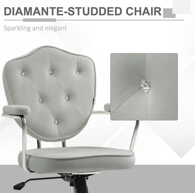 Alt view image 4 of 7 - HOMCOM Cute Home Office Chair, Computer Desk Chair with Button Tufted Velvet-Feel Fabric, Swivel Vanity Chair, Gray