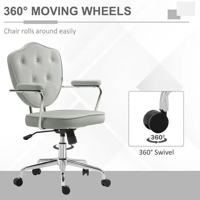 Alt view image 6 of 7 - HOMCOM Cute Home Office Chair, Computer Desk Chair with Button Tufted Velvet-Feel Fabric, Swivel Vanity Chair, Gray