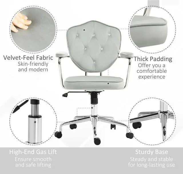 Alt view image 7 of 7 - HOMCOM Cute Home Office Chair, Computer Desk Chair with Button Tufted Velvet-Feel Fabric, Swivel Vanity Chair, Gray