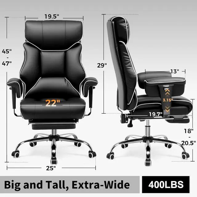 Alt view image 2 of 7 - COMHOMA Big and Tall Office Chair 400lbs High Back Gaming Chair with Ergonomic Lumbar Support & Pocket Spring Cushion for Lower Back Pain Relief, Leather Executive Chair with Foot Rest, White/Black