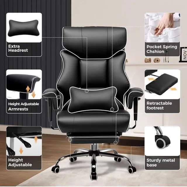 Alt view image 4 of 7 - COMHOMA Big and Tall Office Chair 400lbs High Back Gaming Chair with Ergonomic Lumbar Support & Pocket Spring Cushion for Lower Back Pain Relief, Leather Executive Chair with Foot Rest, White/Black