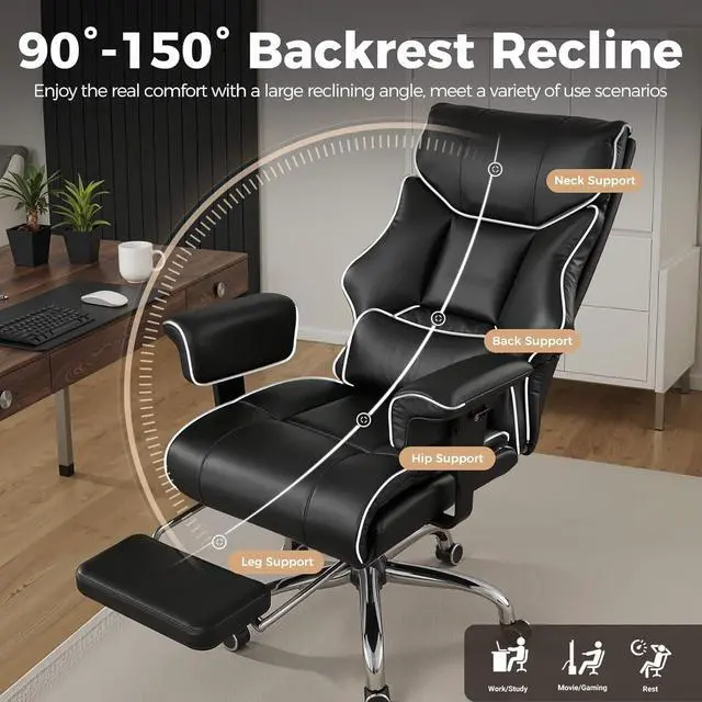 Alt view image 5 of 7 - COMHOMA Big and Tall Office Chair 400lbs High Back Gaming Chair with Ergonomic Lumbar Support & Pocket Spring Cushion for Lower Back Pain Relief, Leather Executive Chair with Foot Rest, White/Black