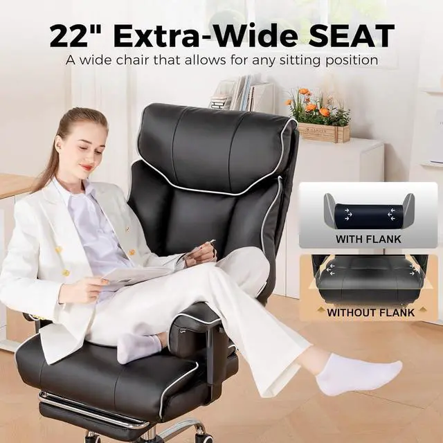 Alt view image 6 of 7 - COMHOMA Big and Tall Office Chair 400lbs High Back Gaming Chair with Ergonomic Lumbar Support & Pocket Spring Cushion for Lower Back Pain Relief, Leather Executive Chair with Foot Rest, White/Black