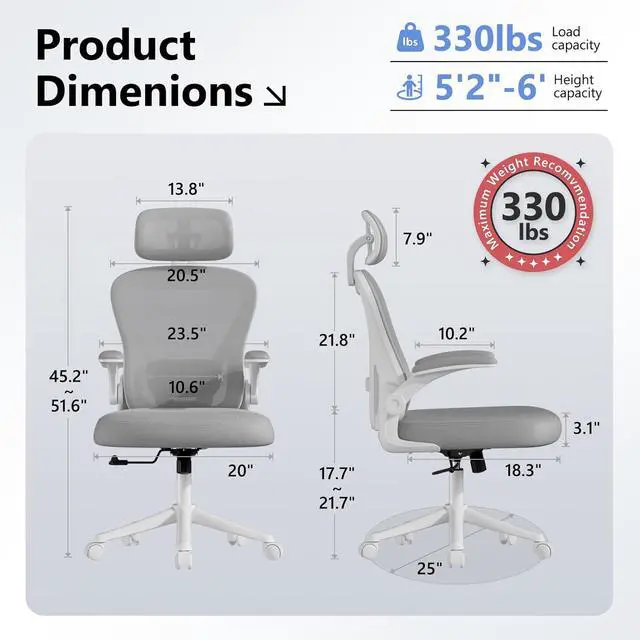Alt view image 2 of 7 - Computer Desk Chair, Ergonomic Office Chair M903 with Wheels, High Back Mesh Office Chair with Adjustable Lumbar Support, Headrest, Flip-Up Armrests, Withe Grey