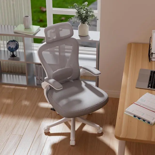 Alt view image 4 of 7 - Computer Desk Chair, Ergonomic Office Chair M903 with Wheels, High Back Mesh Office Chair with Adjustable Lumbar Support, Headrest, Flip-Up Armrests, Withe Grey