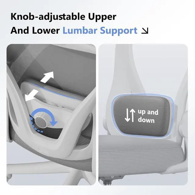 Alt view image 5 of 7 - Computer Desk Chair, Ergonomic Office Chair M903 with Wheels, High Back Mesh Office Chair with Adjustable Lumbar Support, Headrest, Flip-Up Armrests, Withe Grey