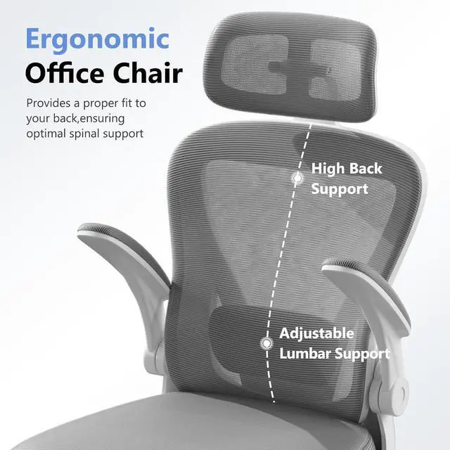 Alt view image 6 of 7 - Computer Desk Chair, Ergonomic Office Chair M903 with Wheels, High Back Mesh Office Chair with Adjustable Lumbar Support, Headrest, Flip-Up Armrests, Withe Grey