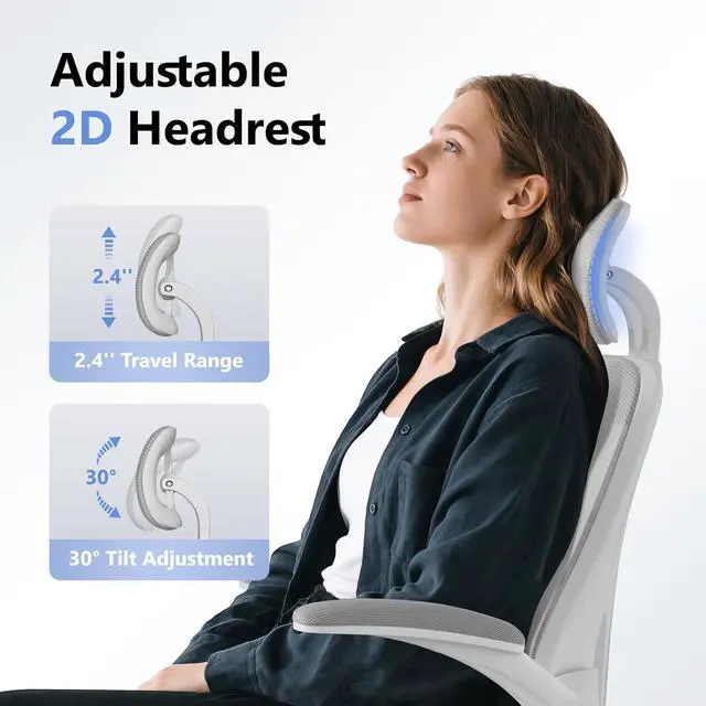 Alt view image 7 of 7 - Computer Desk Chair, Ergonomic Office Chair M903 with Wheels, High Back Mesh Office Chair with Adjustable Lumbar Support, Headrest, Flip-Up Armrests, Withe Grey