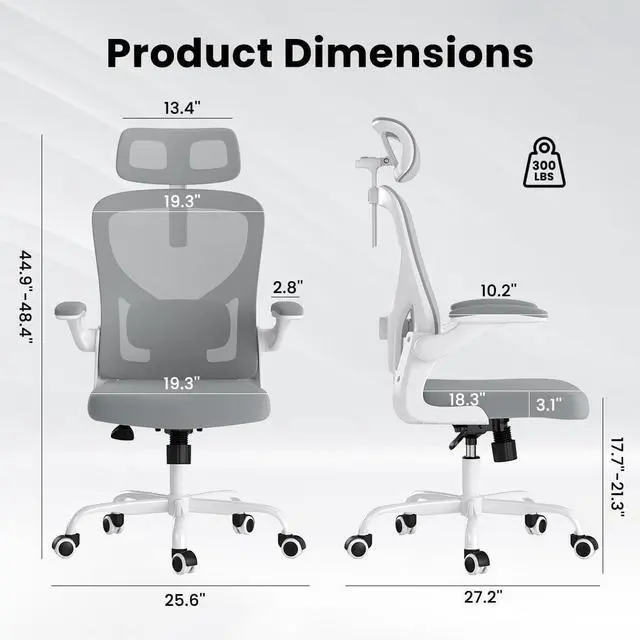 Alt view image 2 of 7 - Soohow Ergonomic Office Chair, Office Mesh Desk Chair with Adjustable Lumbar Support Armrests, Comfy Computer Desk Chair with Headrest, for Home and Office, White & Grey