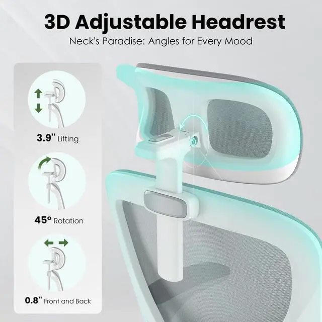 Alt view image 4 of 7 - Soohow Ergonomic Office Chair, Office Mesh Desk Chair with Adjustable Lumbar Support Armrests, Comfy Computer Desk Chair with Headrest, for Home and Office, White & Grey