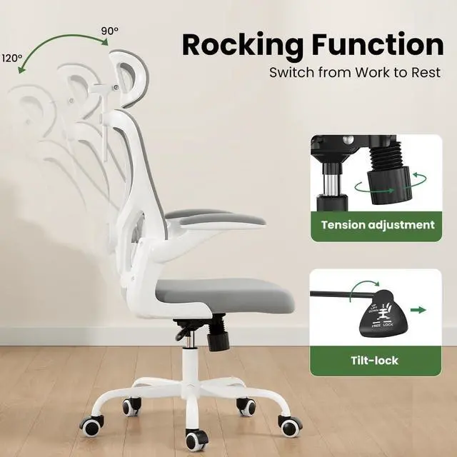 Alt view image 6 of 7 - Soohow Ergonomic Office Chair, Office Mesh Desk Chair with Adjustable Lumbar Support Armrests, Comfy Computer Desk Chair with Headrest, for Home and Office, White & Grey