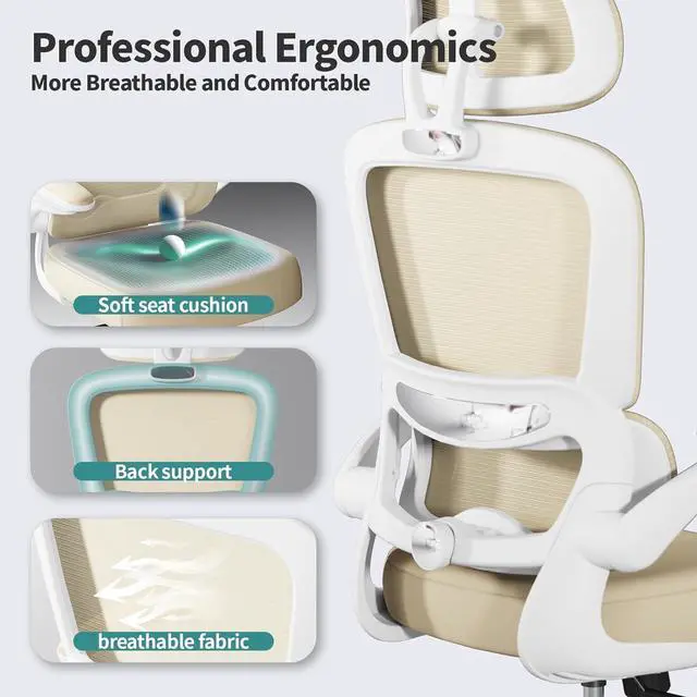 Alt view image 3 of 7 - TRALT Office Chair Ergonomic Desk Chair, 330 LBS Home Mesh Office Desk Chairs with Wheels, Comfortable Gaming Chair, High Back Office Chair for Long Hours (Beige)