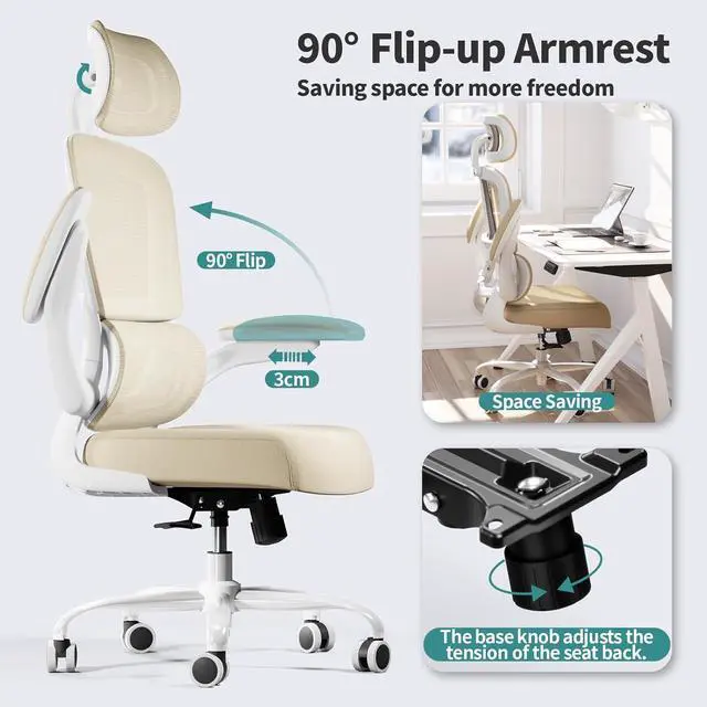 Alt view image 5 of 7 - TRALT Office Chair Ergonomic Desk Chair, 330 LBS Home Mesh Office Desk Chairs with Wheels, Comfortable Gaming Chair, High Back Office Chair for Long Hours (Beige)