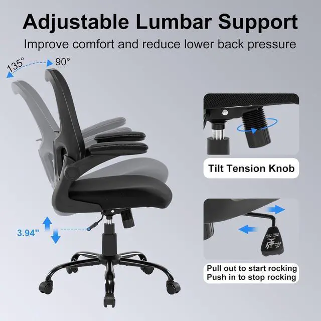 Alt view image 6 of 7 - Office Chair Ergonomic Desk Chair Mesh Computer Home Office Desk Chair with Adjustable Lumbar Support Flip-up Armrests, 360 Swivel Comfy Task Executive Chair, Black
