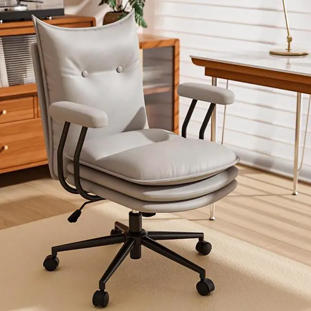 Main image of Grey Office Chair with Wheels,Triple-Layers Thicken Wide Seat Height Adjustable,Mid Back Computer Leather Desk Chair for Home,Office