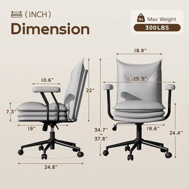 Alt view image 2 of 7 - Grey Office Chair with Wheels,Triple-Layers Thicken Wide Seat Height Adjustable,Mid Back Computer Leather Desk Chair for Home,Office
