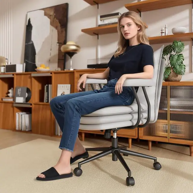 Alt view image 3 of 7 - Grey Office Chair with Wheels,Triple-Layers Thicken Wide Seat Height Adjustable,Mid Back Computer Leather Desk Chair for Home,Office