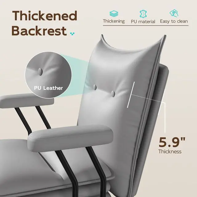 Alt view image 4 of 7 - Grey Office Chair with Wheels,Triple-Layers Thicken Wide Seat Height Adjustable,Mid Back Computer Leather Desk Chair for Home,Office