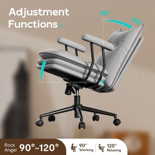 Alt view image 6 of 7 - Grey Office Chair with Wheels,Triple-Layers Thicken Wide Seat Height Adjustable,Mid Back Computer Leather Desk Chair for Home,Office