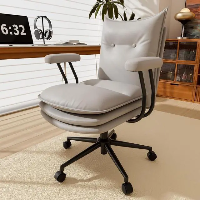 Alt view image 7 of 7 - Grey Office Chair with Wheels,Triple-Layers Thicken Wide Seat Height Adjustable,Mid Back Computer Leather Desk Chair for Home,Office